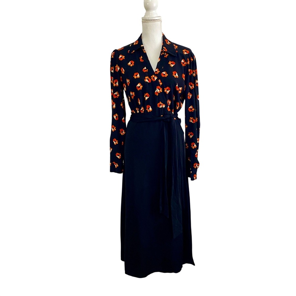 Diane von Furstenberg DVF Mixed Media Wrap Midi Dress Black Poppy Floral Size M